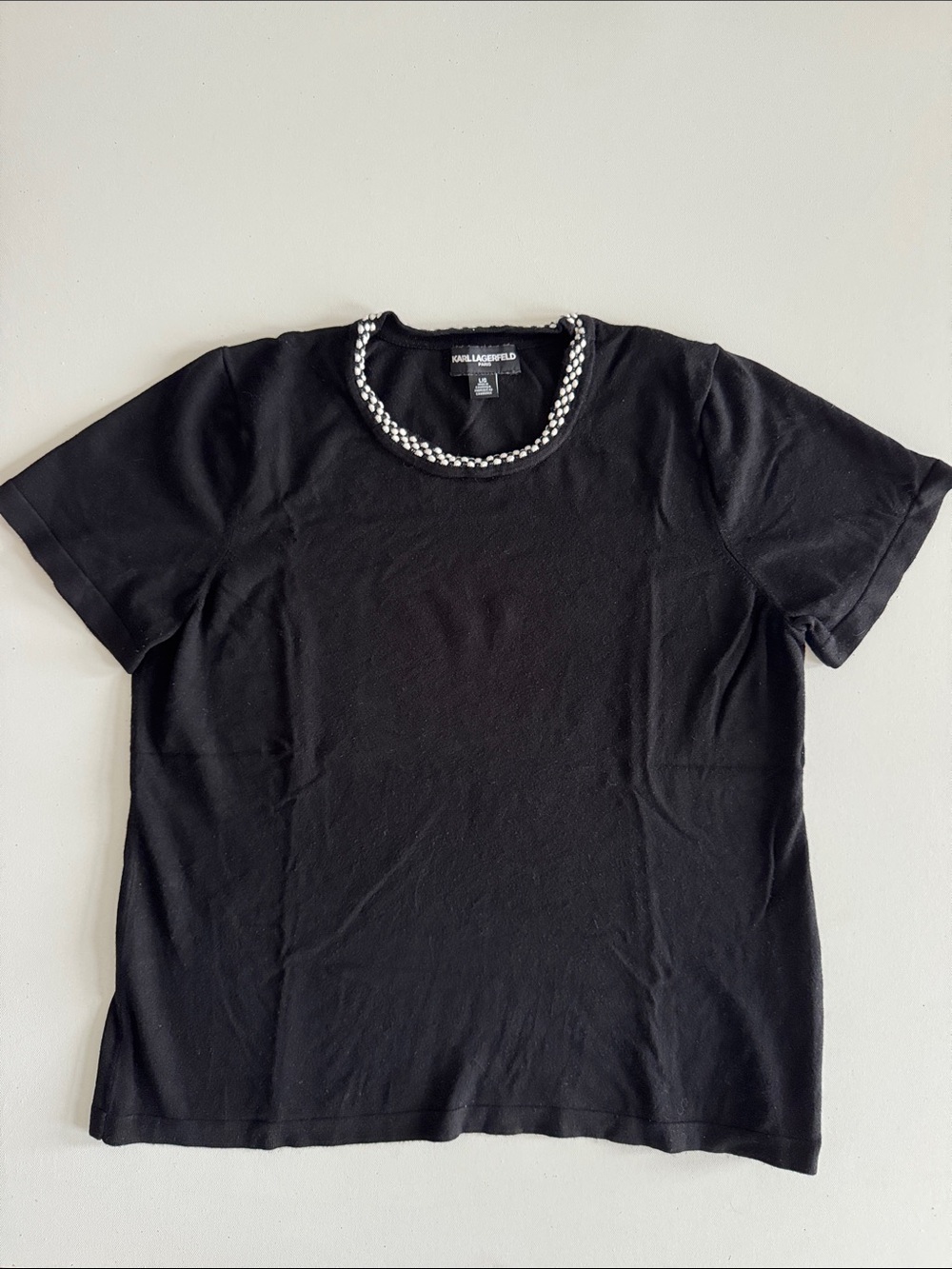 Karl Lagerfeld Black Short-Sleeve Tee with Beaded Crew Neck
